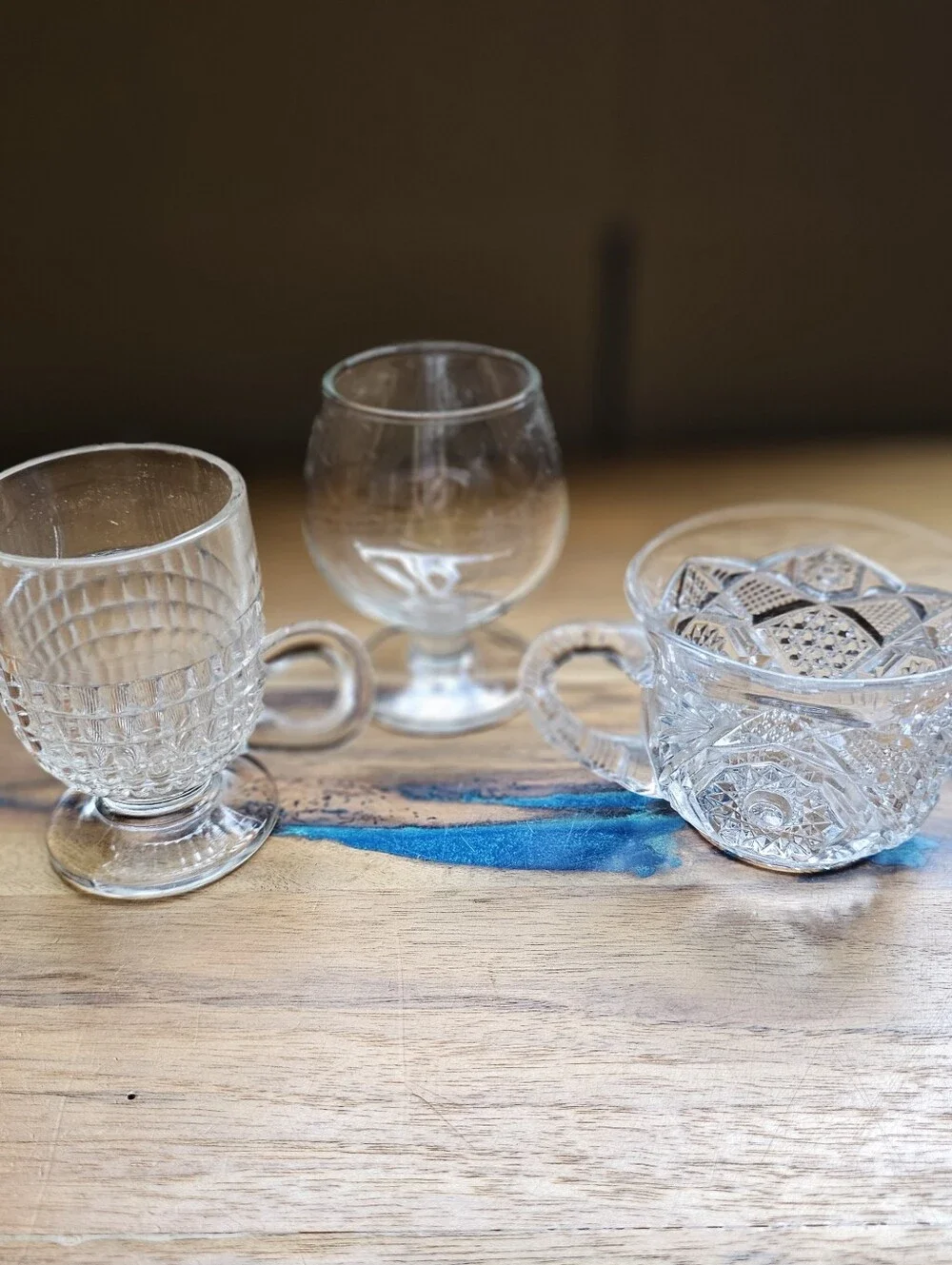 VTG 3 Piece MCM Clear Glass Drinkware Lot Pedestal/Footed Mug Snifter Punch Cup